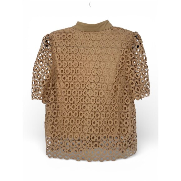 🥥 NWT Crochet Lace 2 Piece Set Collared Blouse & Shorts Khaki M 🥥 - Picture 6 of 10